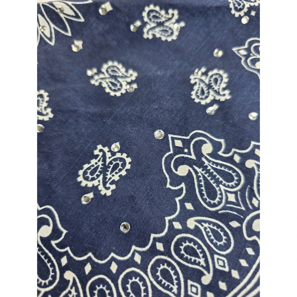 Hav-A-Hank Navy Blue Paisley Rhinestone Bandana Made in USA Cotton Western Boho